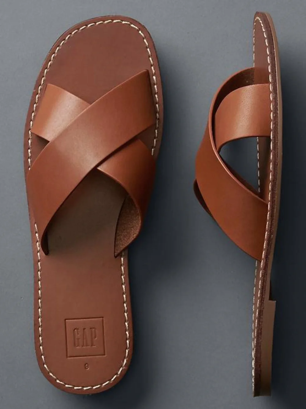 GAP Cross Strap Leather Slide Sandals in Cognac